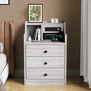 Afuhokles Nightstand with Charging Station for Bedroom, Bedside Table Night Stand with Hutch and Storage Drawers, Grey