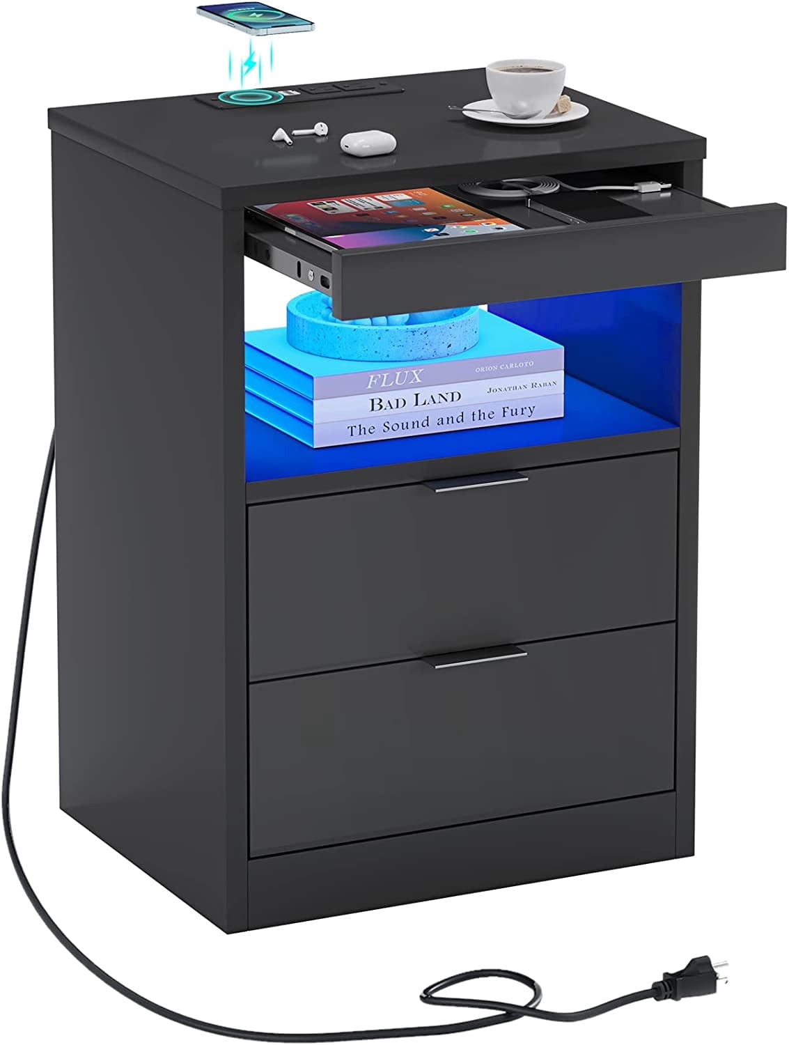 Afuhokles Nightstand with Wireless Charging Station 2 Drawers,Bedside Table with with LED Lights, Black