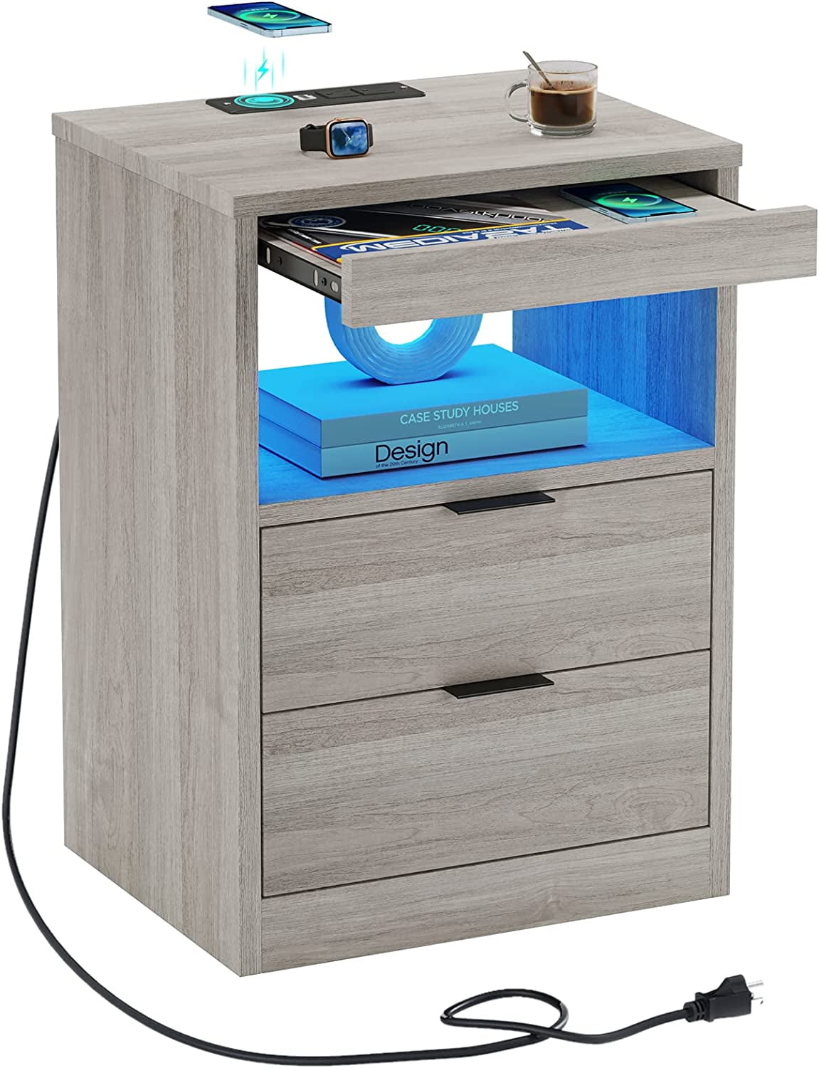 Afuhokles Nightstand with Wireless Charging Station 2 Drawers, Wooden Sofa Bedside Table with with LED Lights, Gray