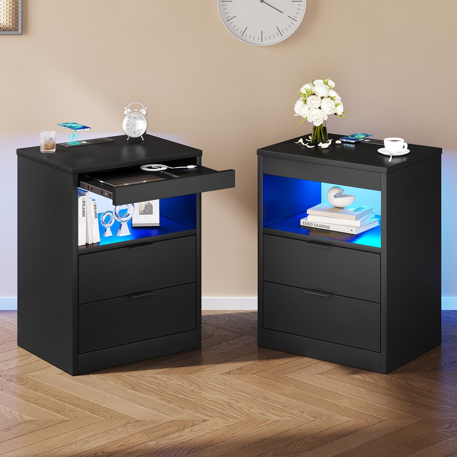 Afuhokles Nightstand with Wireless Charging Station Set of 2, LED Bedside Table with with 2 Drawers, Black