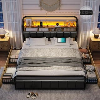 Queen bed frame with hidden storage top