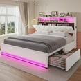 thumbnail image 1 of Afuhokles Queen Bed Frame with Bookcase Headboard,LED Bed Frame with 4 Storage Drawers,Power Outlet, Modern Velvet Upholstered Platform Bed with 5 Shelf, No Box Spring Needed, Creamy White, 1 of 8
