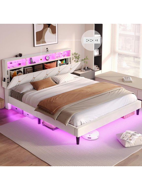 Queen Bed Frame with Headboard Storage and LED Lights, Platform Bed Frame with Charging Station, Velvet Upholstered Bed with Adjustable Headboard, White