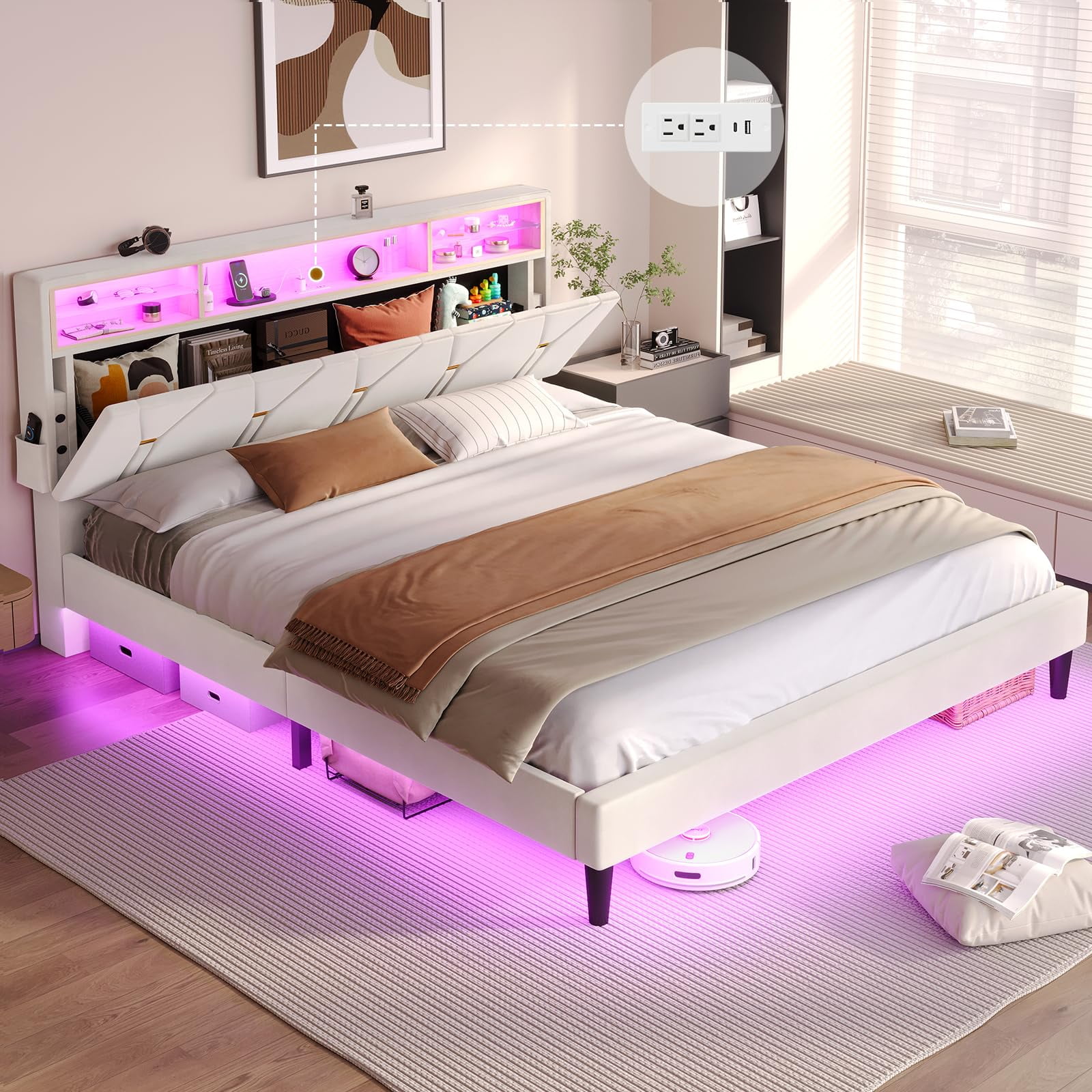 Afuhokles Queen Size Bed Frame with LED Lights, Platform Bed Frame with Bookcase Headboard, Outlets and USB Ports, Dark Gray