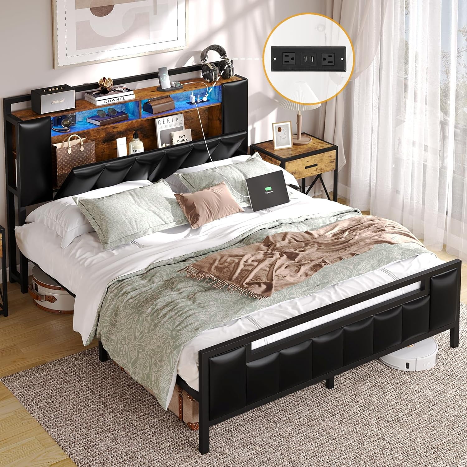 Afuhokles Queen Bed Frame with Storage Headboard and Led Light ...