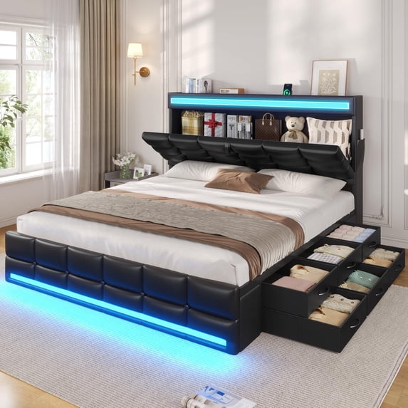 Afuhokles Queen Bed Frame with 12 Storage Drawers, Bookcase Storage Headboard, Bed Frame with Charging Station, LED Lights, Black