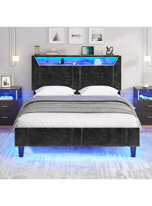 Afuhokles Queen Bed Frame with Headboard and Storage, Upholstered Platform Bed Frame with Charging Station, Black
