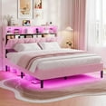 thumbnail image 1 of Afuhokles Queen Bed Frame with Storage Headboard,Power Outlet, Modern Velvet Upholstered Platform Bed LED Bed Frame with 5 Storage Shelves, Pink, 1 of 9