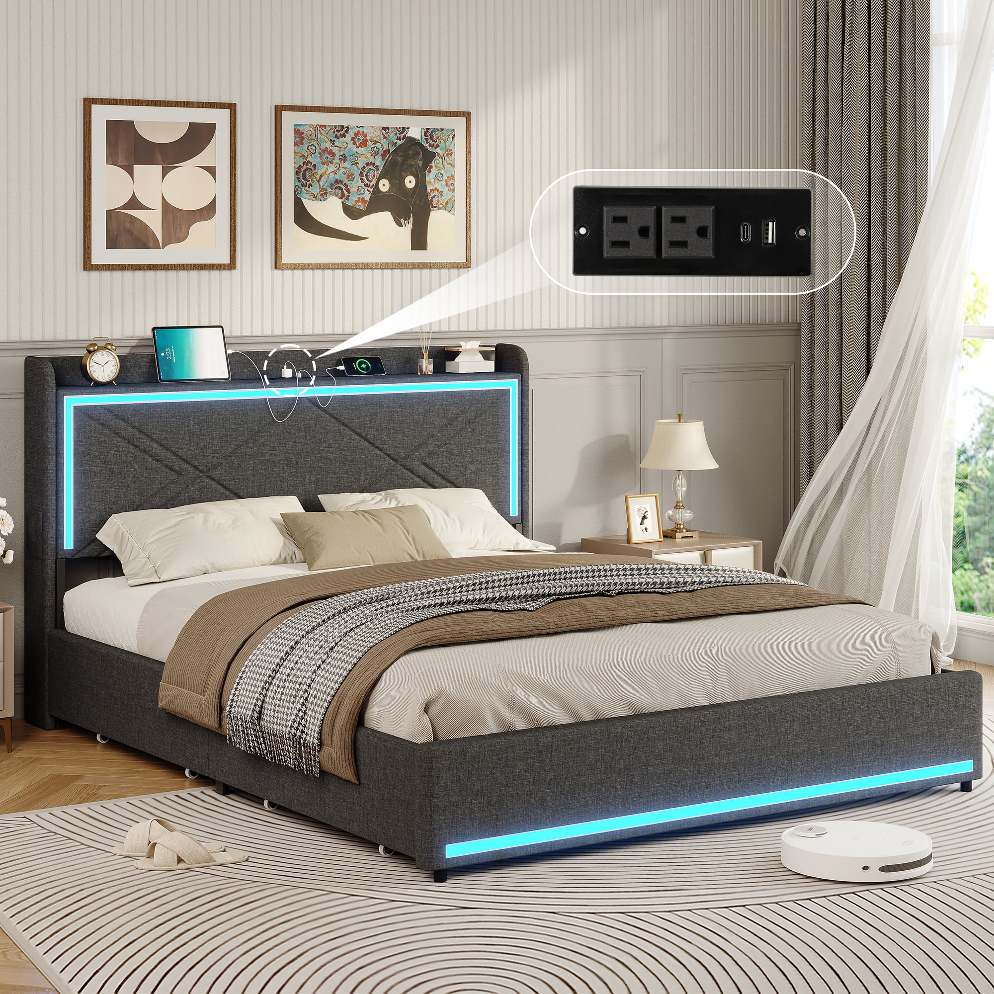 Afuhokles Queen Bed Frame with RGB LED Lights & USB Charging ...