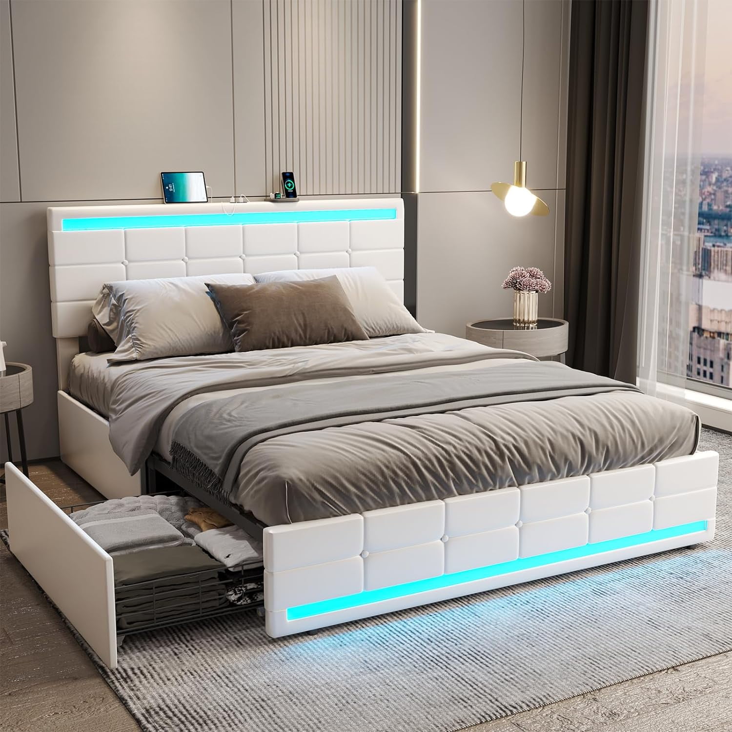 White Queen Upholstered Bed Frame with LED Lights and Storage Drawers