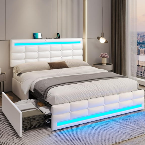 Afuhokles Queen Bed Frame with LED Lights Leather Platform Bed with Storage Drawers and Charging Station, White