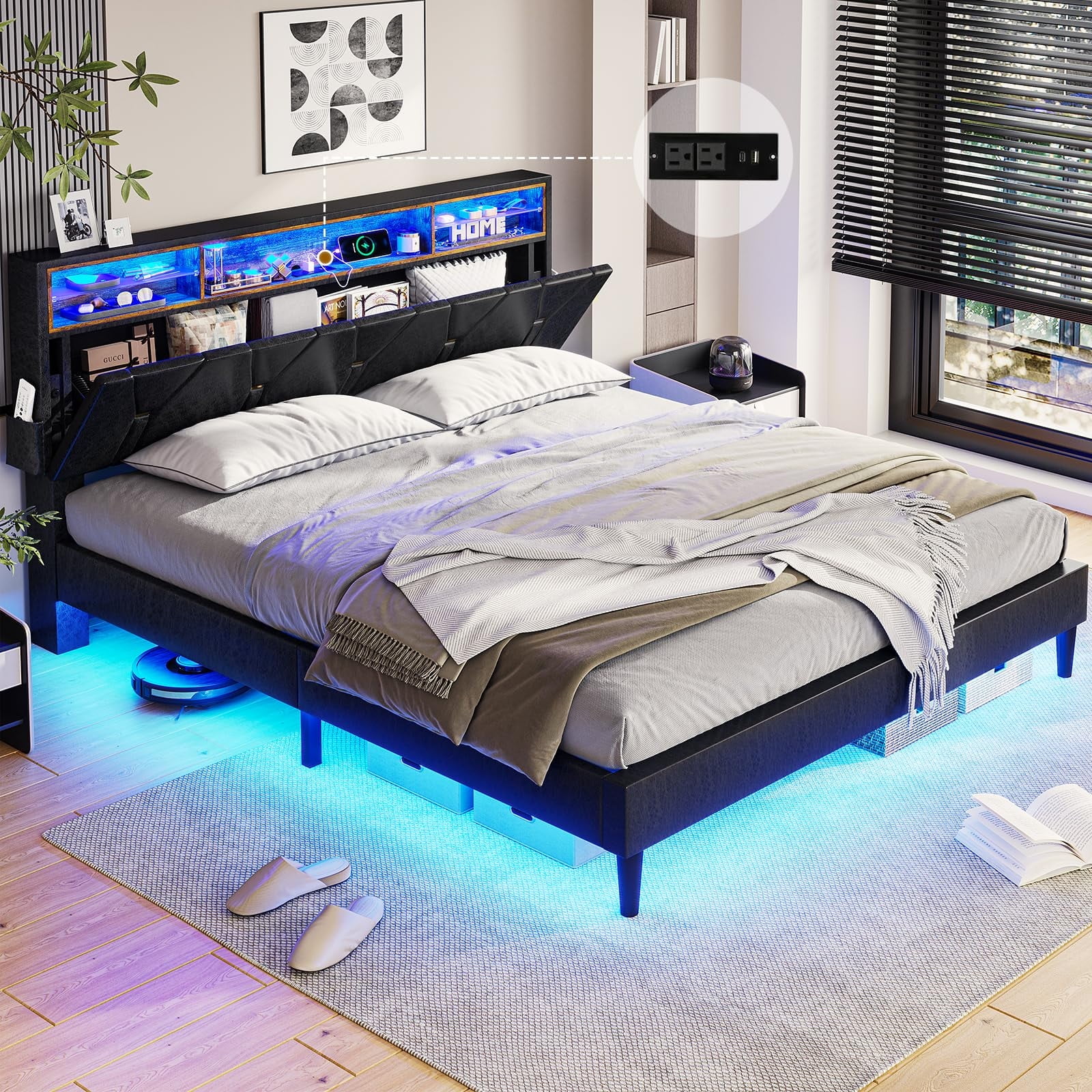 Afuhokles Queen Bed Frame with LED Lights and Charging Station, Storage Headboard Faux Leather Upholstered Bed, Black PU