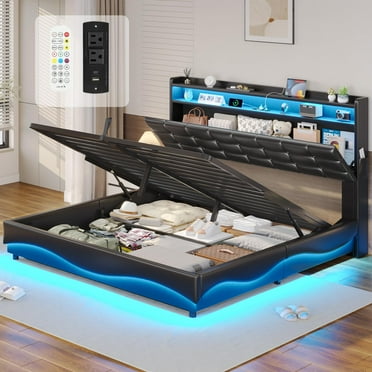 Afuhokles Queen Bed Frame with Lift Up Storage, Charging Station and Lights Headboard, PU Leather Upholstered Bed, Hydraulic Storage, PU Black