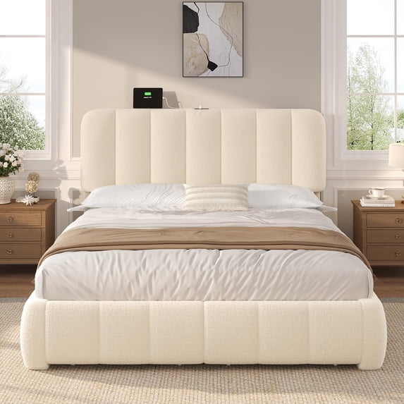 Afuhokles Queen Bed Frame with Storage Drawers and Headboard, Upholstered Platform Bed Frame, Adjustable Headboard, Cream White