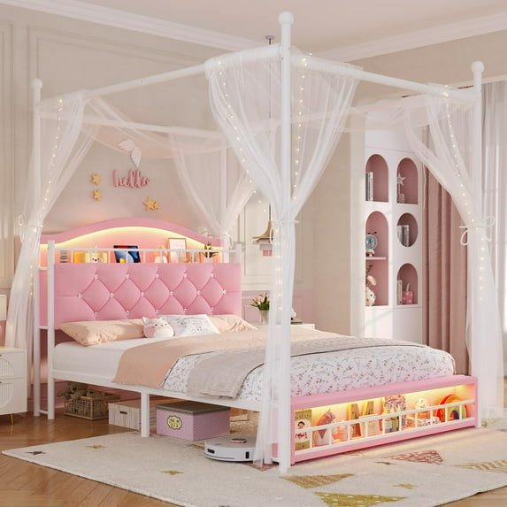 Afuhokles Queen Canopy Bed Frame with LED Lights and Charging Station, Velvet Upholstered Platform Bed with Crystal Button, Pink