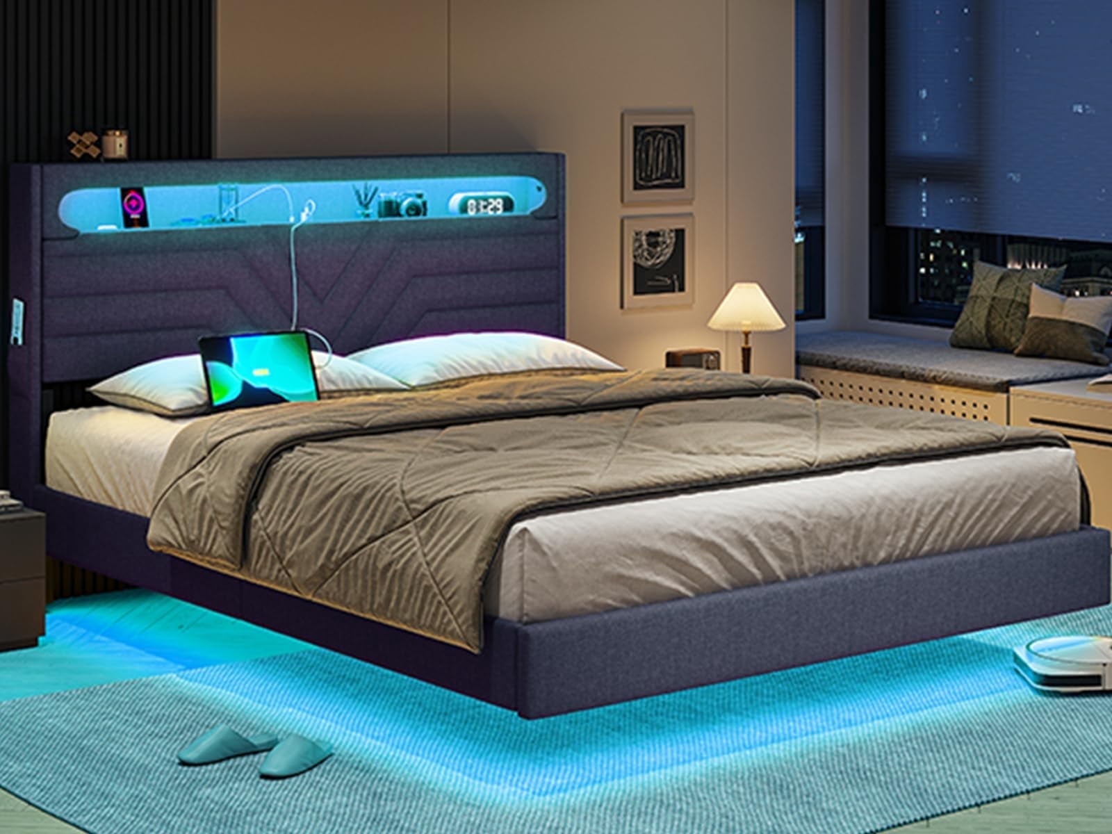 Afuhokles Queen Floating Bed Frame with LED Lights Headboard, Linen Upholstered Platform Bed with Storage Headboard, Dark Gray
