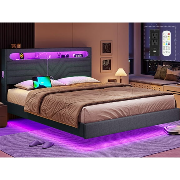 Afuhokles Queen Floating Bed Frame with LED Lights Headboard, USB-C/A Power Combo, Upholstered Platform Bed, Dark Gray
