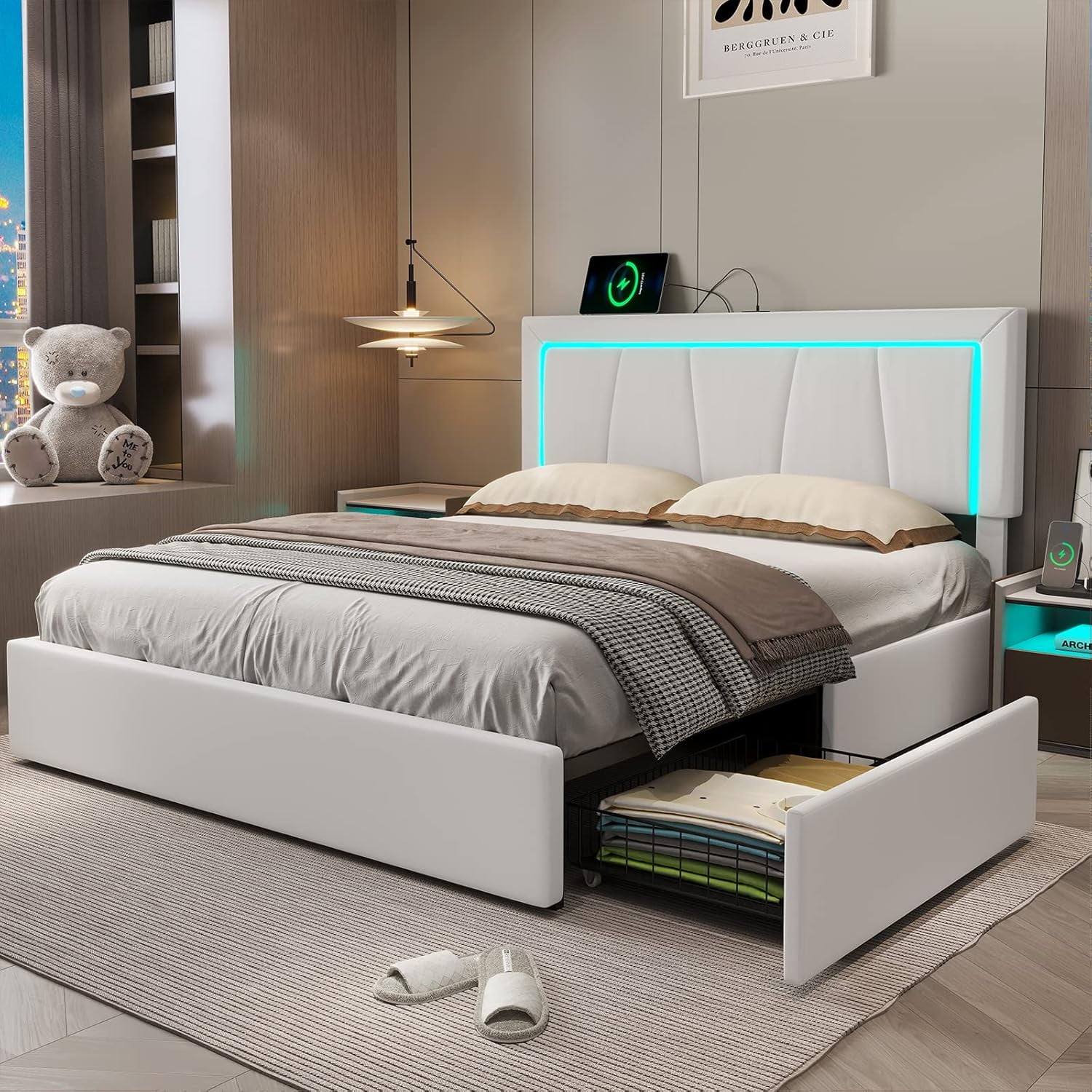 Queen White Faux Leather Upholstered Bed Frame with LED Headboard and Storage Drawers
