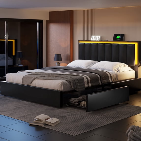 Afuhokles Queen LED Bed Frame with 4 Storage Drawers and USB Ports Modern Upholstered Platform Bed Frame with Storage and LED Headboard with 3 Side Light Strip, PU Leather,No Box Spring Needed,Black