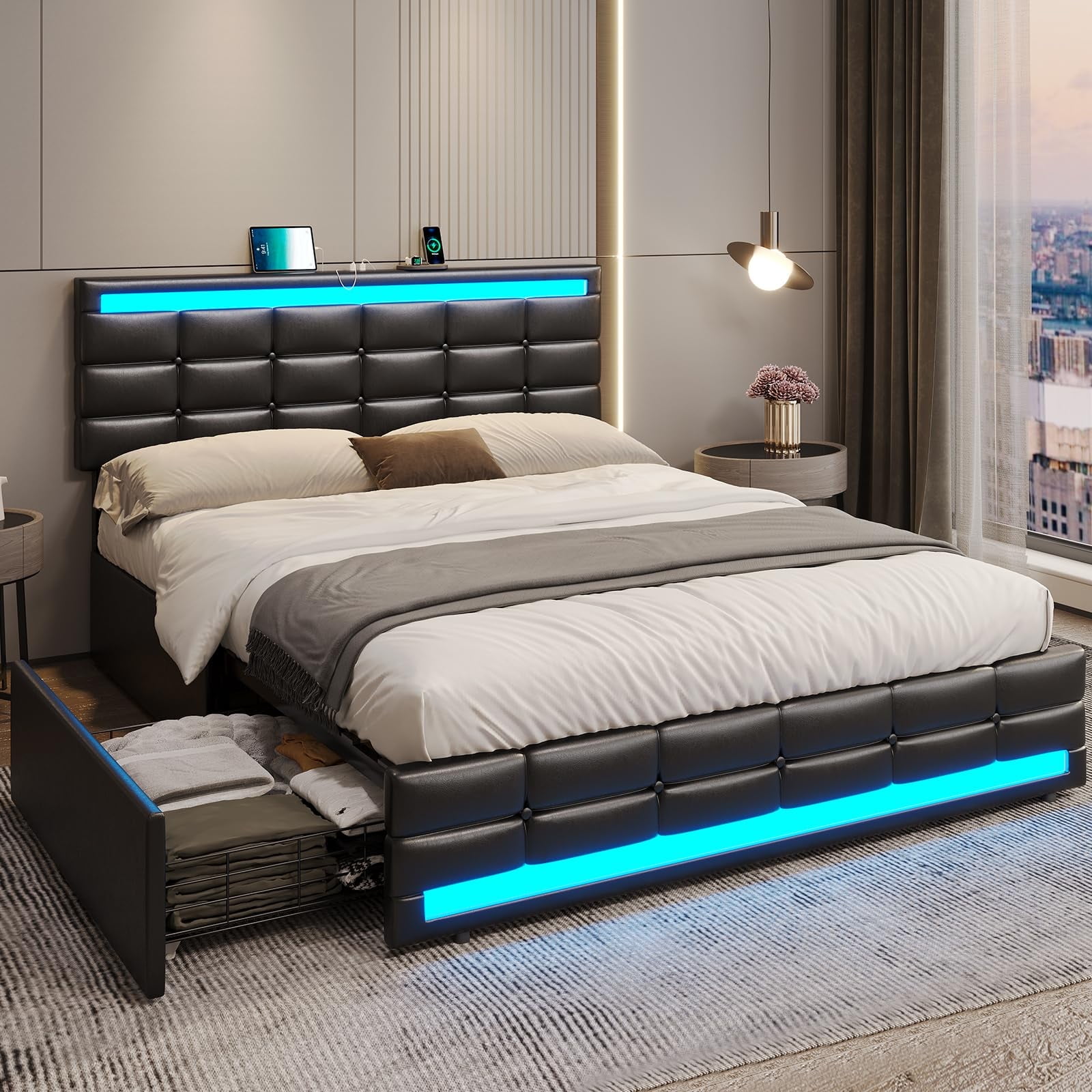 Afuhokles LED Queen Bed Frame with Storage Drawers and Charging Station, Upholstered Bed Frame with Adjustable Headboard, Black
