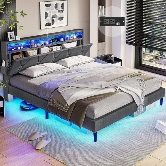 Afuhokles Queen Size Bed Frame with LED Lights, Platform Bed Frame with Bookcase Headboard, Outlets and USB Ports, Dark Gray