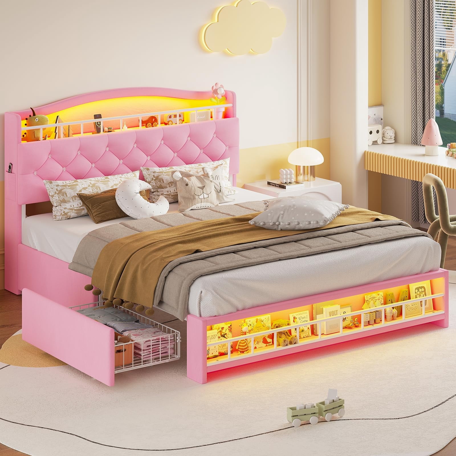 Afuhokles Queen Size Bed Frame with LED Lights and 4 Drawers, Velvet ...
