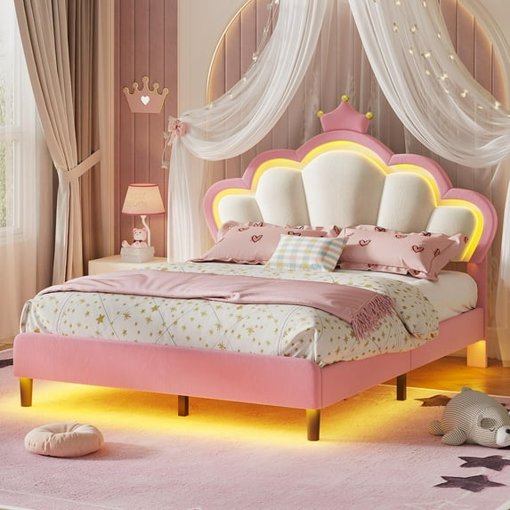 Afuhokles Queen Size Bed Frame with LED Lights and Princess Crown, LED Velvet Upholstered Platform Bed Frame with Adjustable Headboard, Pink