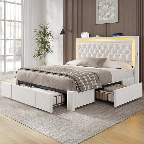Afuhokles Queen Upholstered Bed Frame with 3 Large Storage Drawers, Storage Headboard with LED Lights and Charging Station, Velvet Platform Bed, White