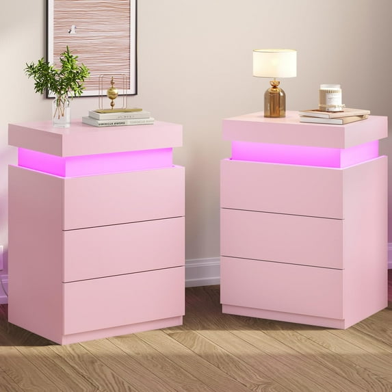 Afuhokles Set of 2 Nightstand with Charging Station and LED Lights,Night Stand with Sliding Top,Bedside Table with Drawers,Modern End Side Table for Bedroom,Pink