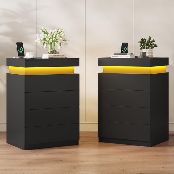 Afuhokles Set of 2 Black Night Stand with 4 Drawers and LED Lights,Tall Nightstand with Sliding Top, Bedside Table with Charging Station