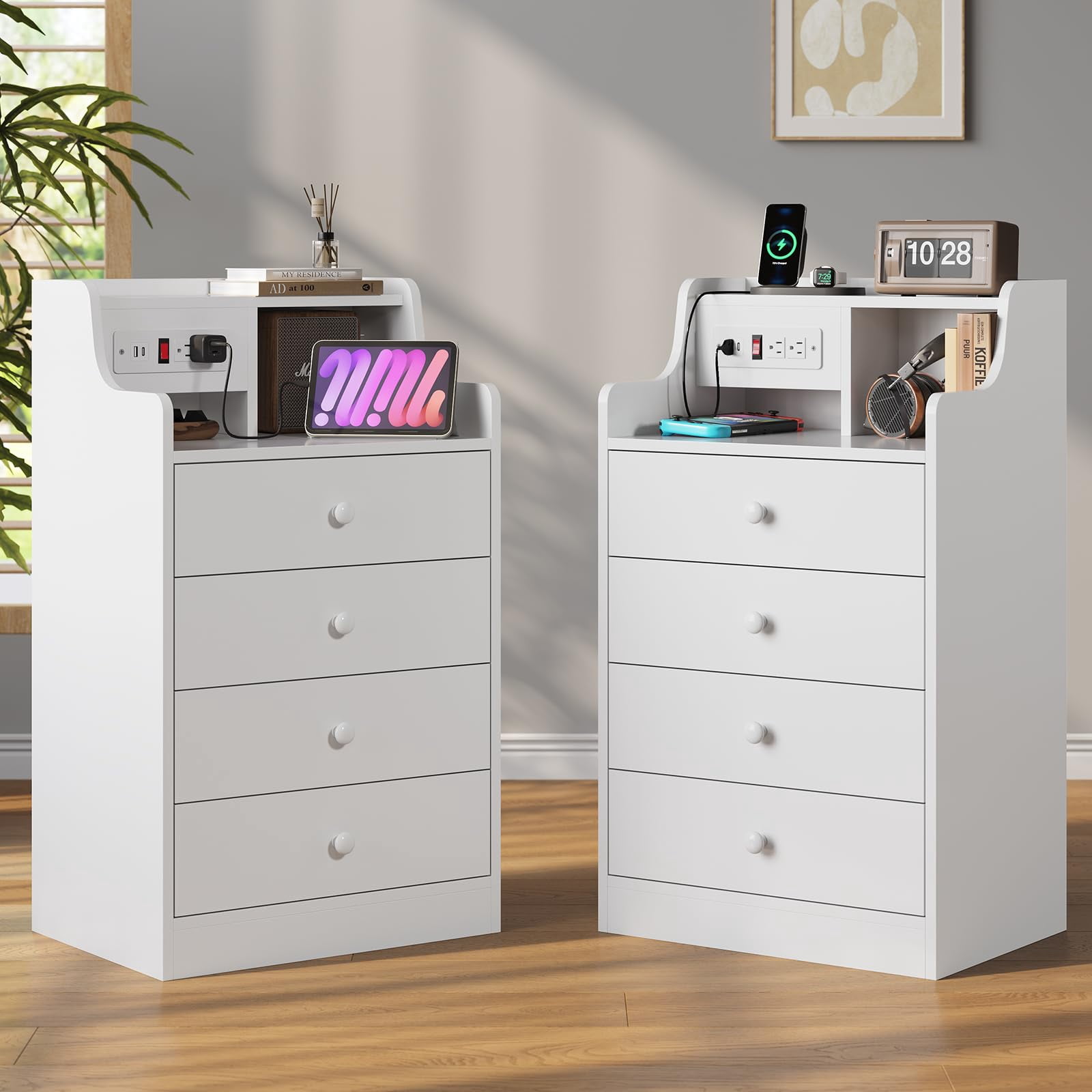 Afuhokles Set of 2 Nightstand with Charging Station, Bedside Table with 4 Drawers,End Table with Hutch, White