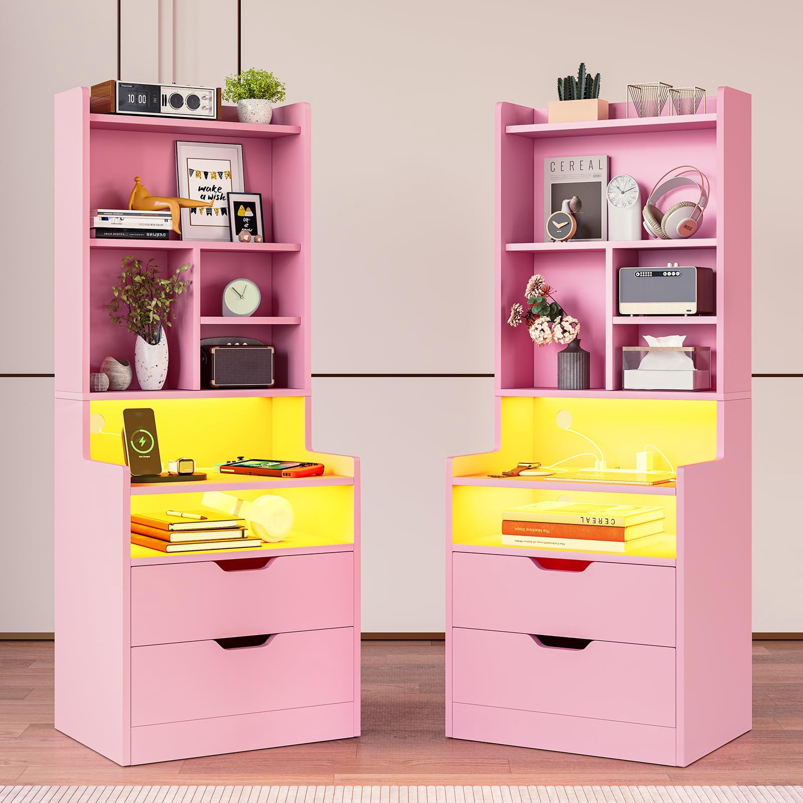 Afuhokles Set of 2 Tall Nightstand with Charging Station and LED Lights ...