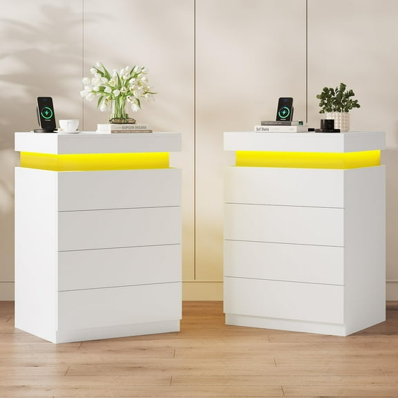 Afuhokles Set of 2 White Night Stand with 4 Drawers and LED Lights,Tall Nightstand with Sliding Top, Bedside Table with Charging Station