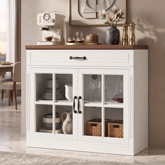 Afuhokles Small Coffee Bar Cabinet, 31.5" Sideboard Buffet with Glass Doors and Drawer, Rustic White