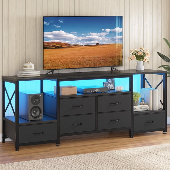 Afuhokles TV Stand up to 75 Inch TV with LED Light and Charging Station, 63" Entertainment Center Industrial TV Console Table with 6 Fabric Drawers and Open Shelves for Living Room, Black