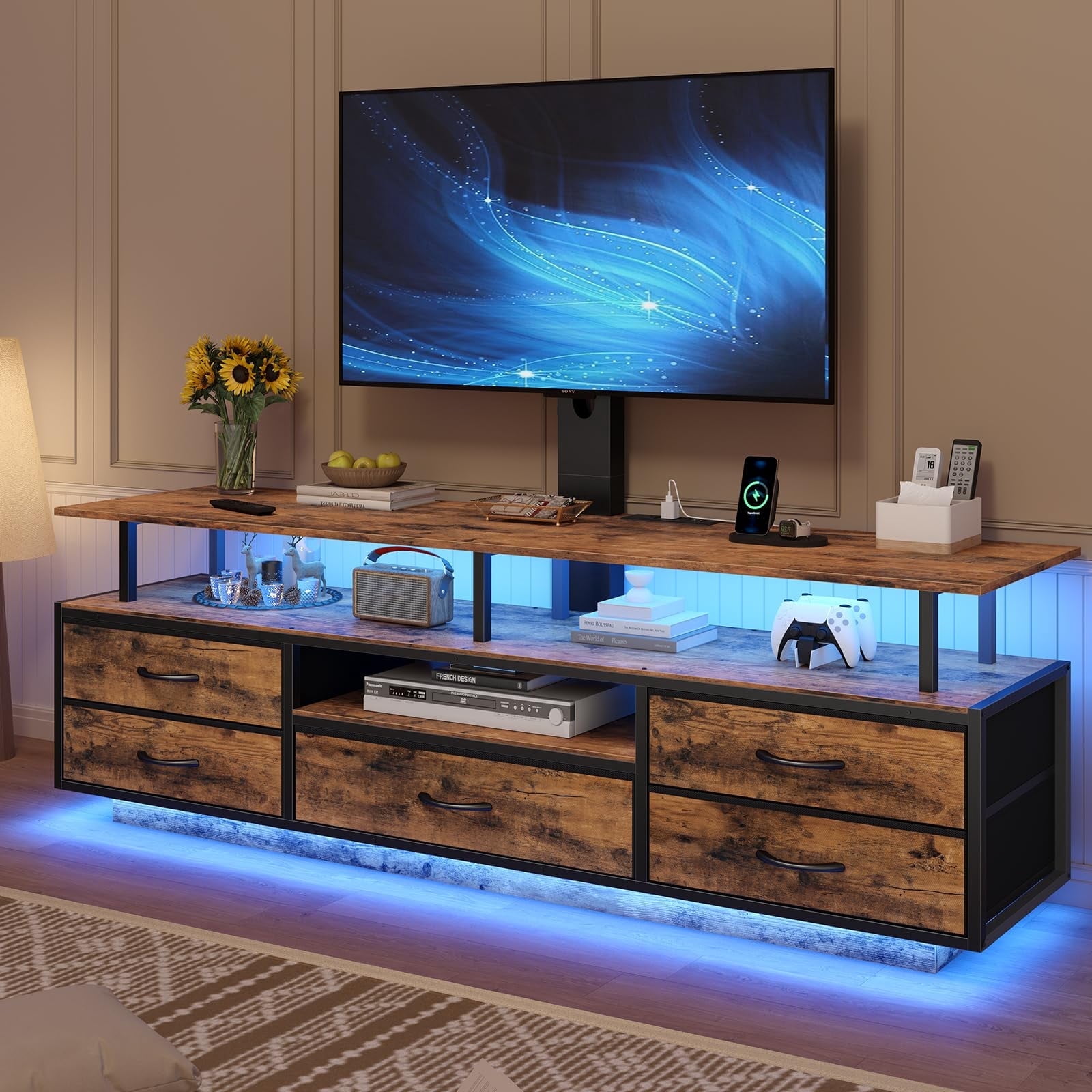 Afuhokles TV Stand with Mount for 32/55/65/70 inch TVs with Power Outlets and Storage, Entertainment Center with Storage for Living Room, Rustic Brown