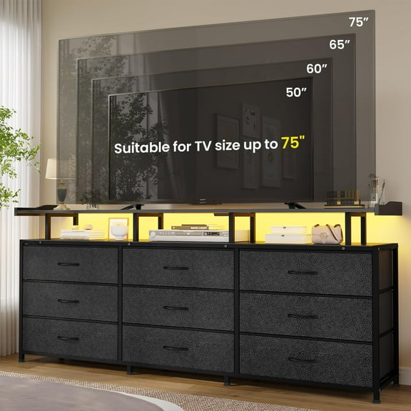 Afuhokles TV Stand for TVs Up to 75, TV Console Table with LED Lights and Charging Station, 9 PU Drawers Large Entertainment Center with Shelves, Black