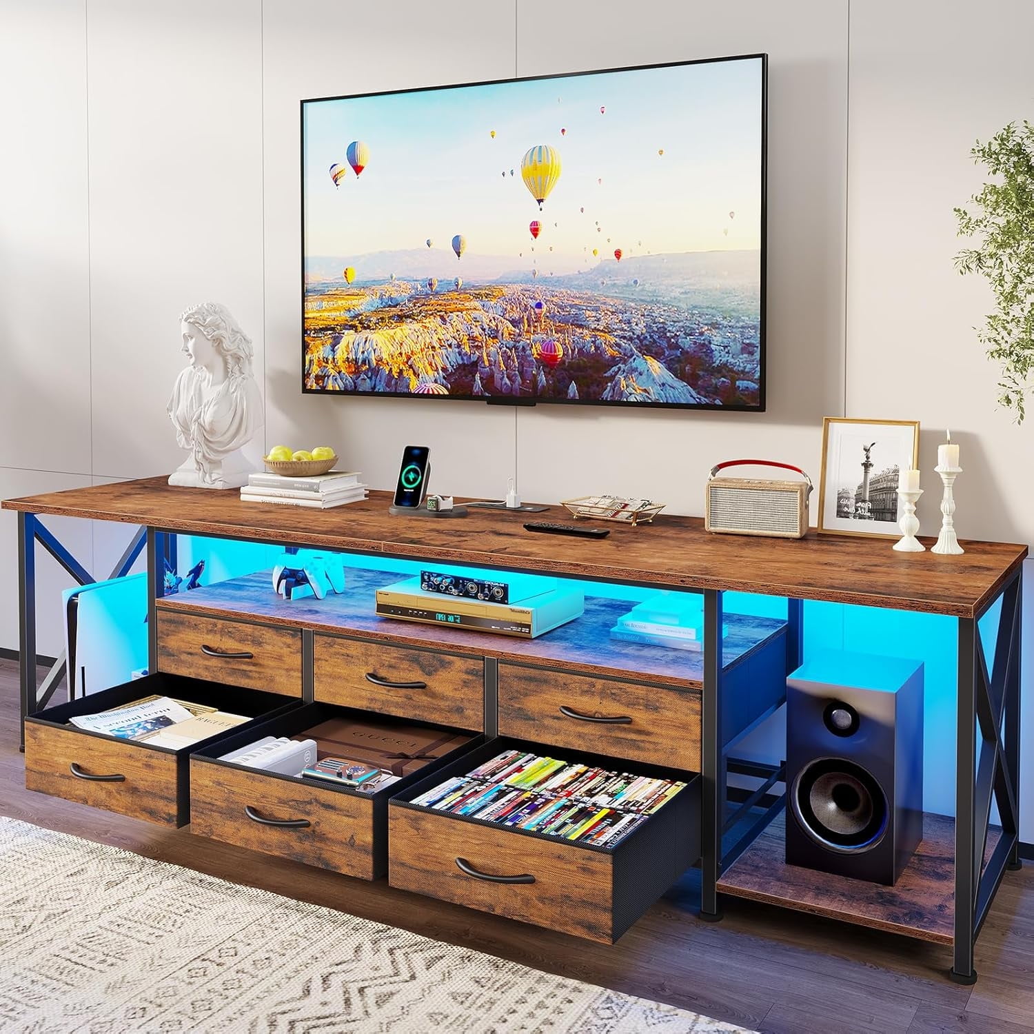 Afuhokles TV Stand for 80 Inches TV, Entertainment Center with LED Lights and Power Outlets, 6 Fabric Drawers, Rustic Brown