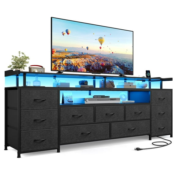 Afuhokles TV Stand for TVs up to 65 Inch TV, TV Console Table with LED Lights and Charging Station, 11 PU Drawers, Black