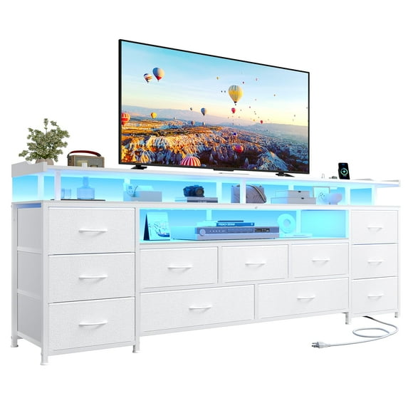 Afuhokles TV Stand for TVs up to 65 Inch TV, TV Console Table with LED Lights and Charging Station, 11 PU Drawers, White