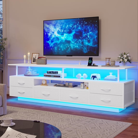 Afuhokles TV Stand for TVs up to 70 Inches with LED Lights and Power Outlets, Open Shelves, 6 PU Fabric Drawers, White