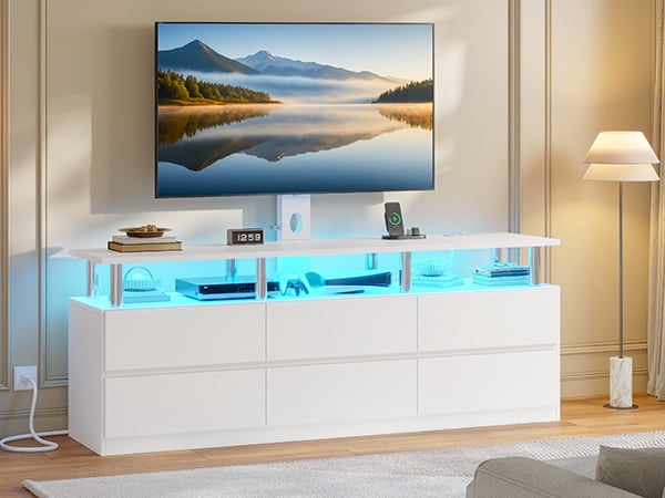 Afuhokles TV Stand with Mount and Power Outlet, TV Mount for up to 75 inch TVs, Modern LED TV Stand with 6 Drawers, White