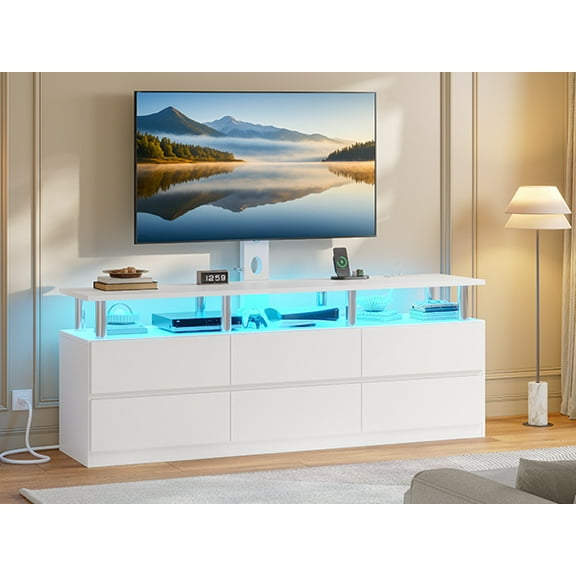 Afuhokles TV Stand with Mount and Power Outlet, TV Mount for up to 75 inch TVs, Modern LED TV Stand with 6 Drawers, White