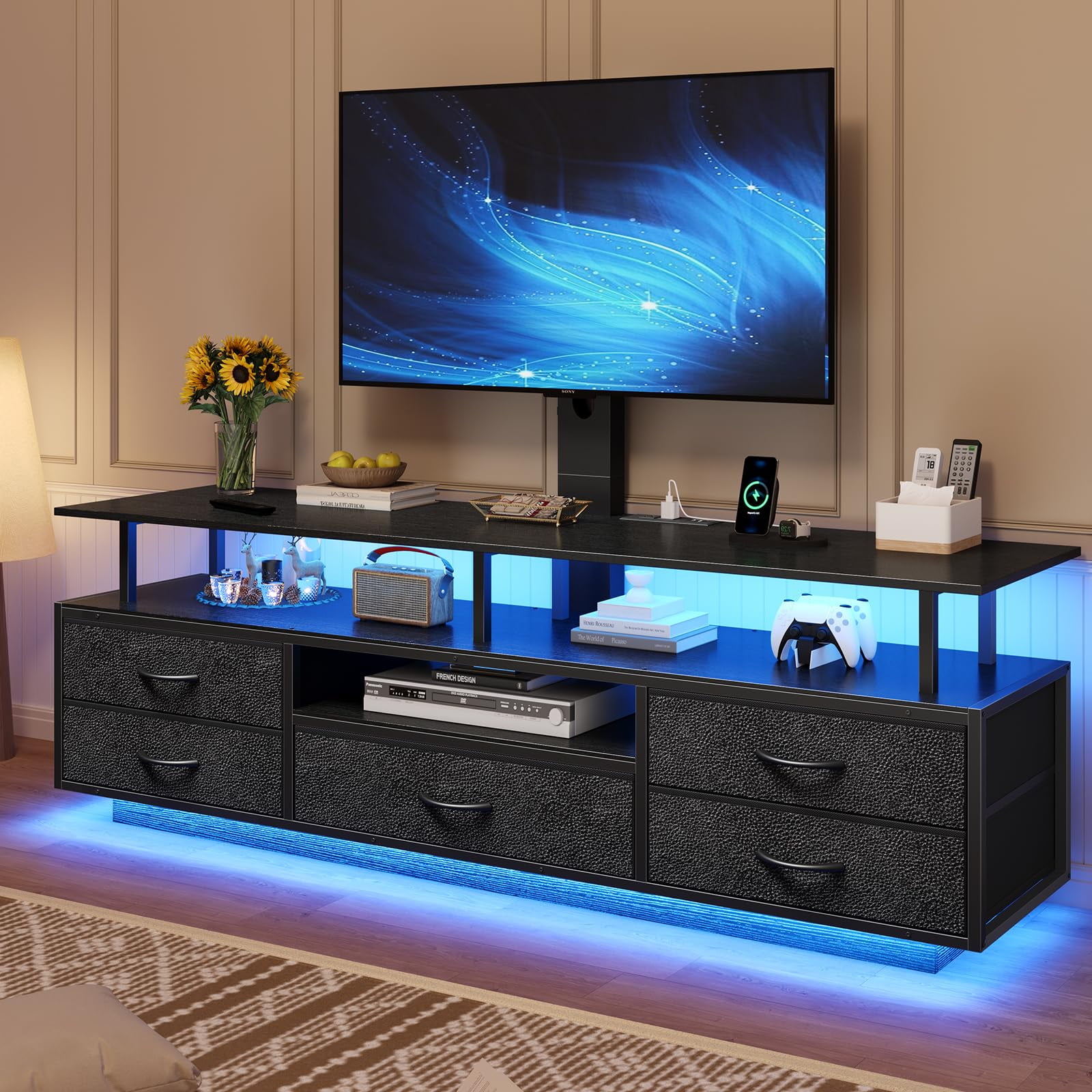 Afuhokles TV Stand with Mount for 32/55/65/70 inch TVs with Power Outlets and Storage, Entertainment Center with Storage for Living Room, Black