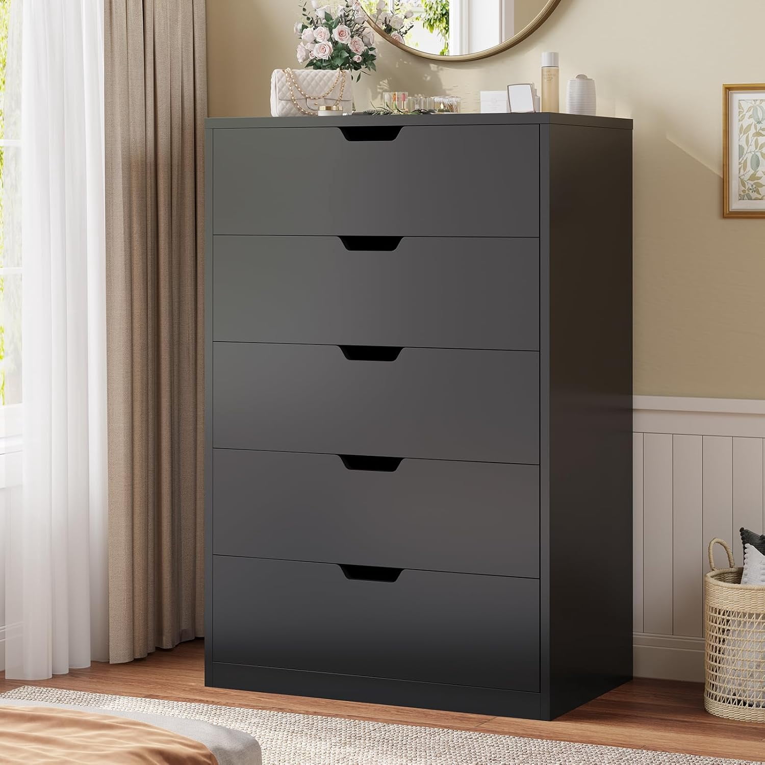 Afuhokles Tall 5 Drawer Dresser, Modern Chest of Drawers for Bedroom, Black