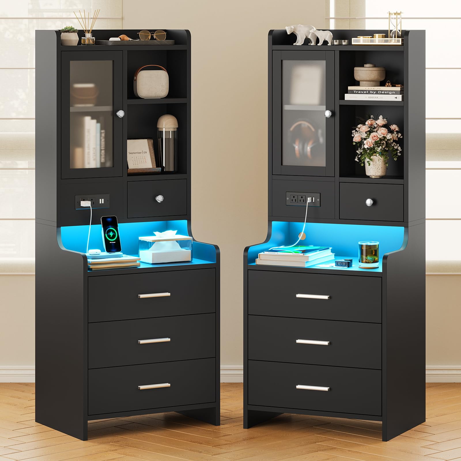 Afuhokles Tall Nightstand Set of 2 with Charging Station for Bedroom, Bedside Table with 4 Drawers, LED Night Stand with Bookshelf, Black