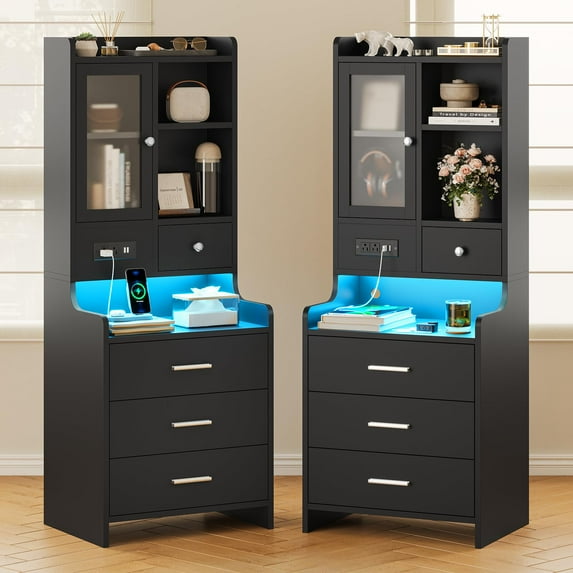 Afuhokles Tall Nightstand Set of 2 with Charging Station for Bedroom, Bedside Table with 4 Drawers, LED Night Stand with Bookshelf, Black