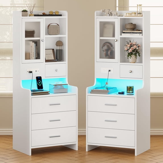 Afuhokles Modern LED Nightstand with 4 Drawers, Set of 2, White