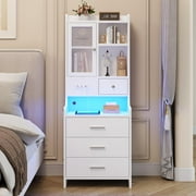 Afuhokles Tall Nightstand with Charging Station, Bedside Table with 4 Drawers, LED Night Stand with Bookshelf, White