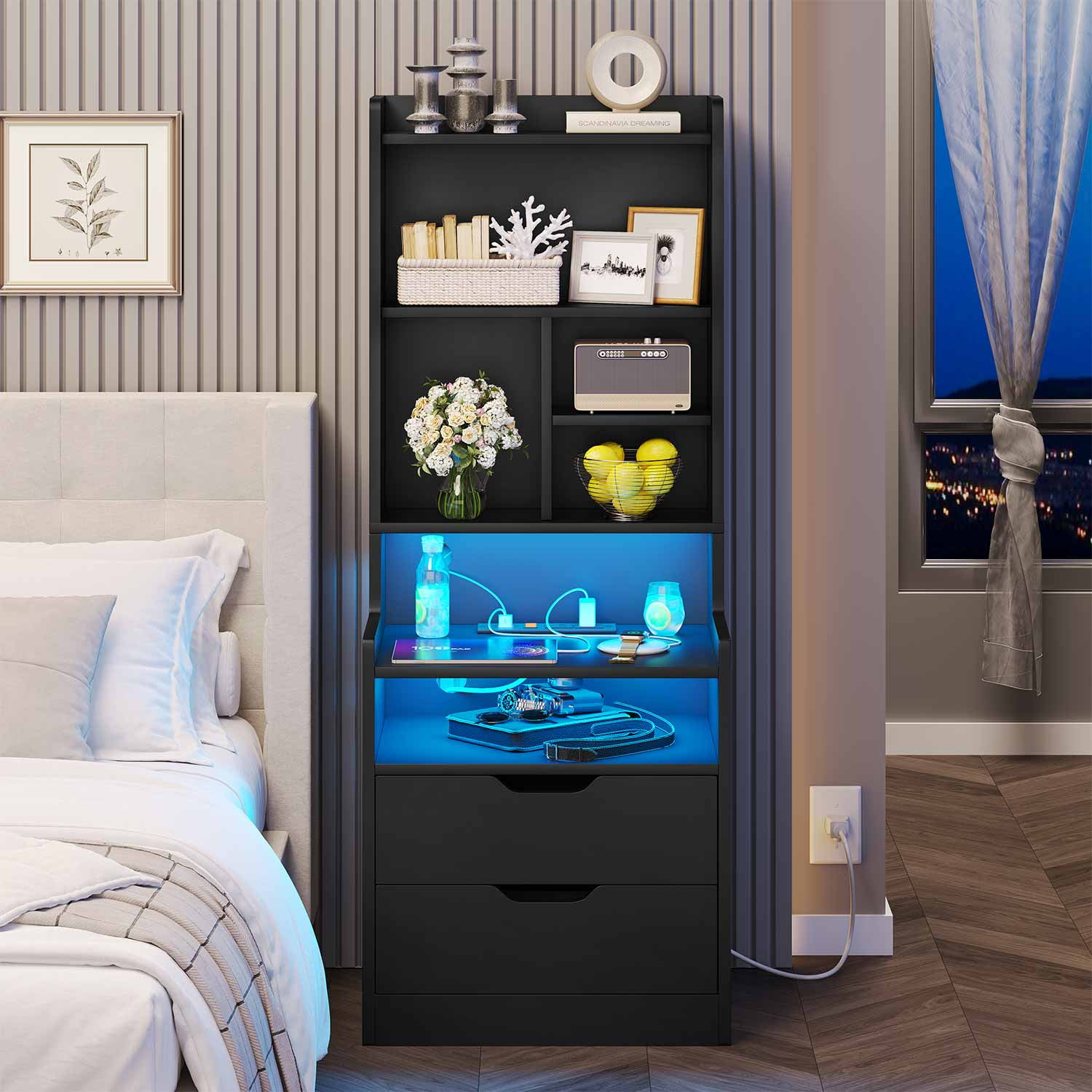 Afuhokles Tall Nightstand with Charging Station and LED Lights, Night Stand with Bookshelf, Bedside Table with Drawers, Black